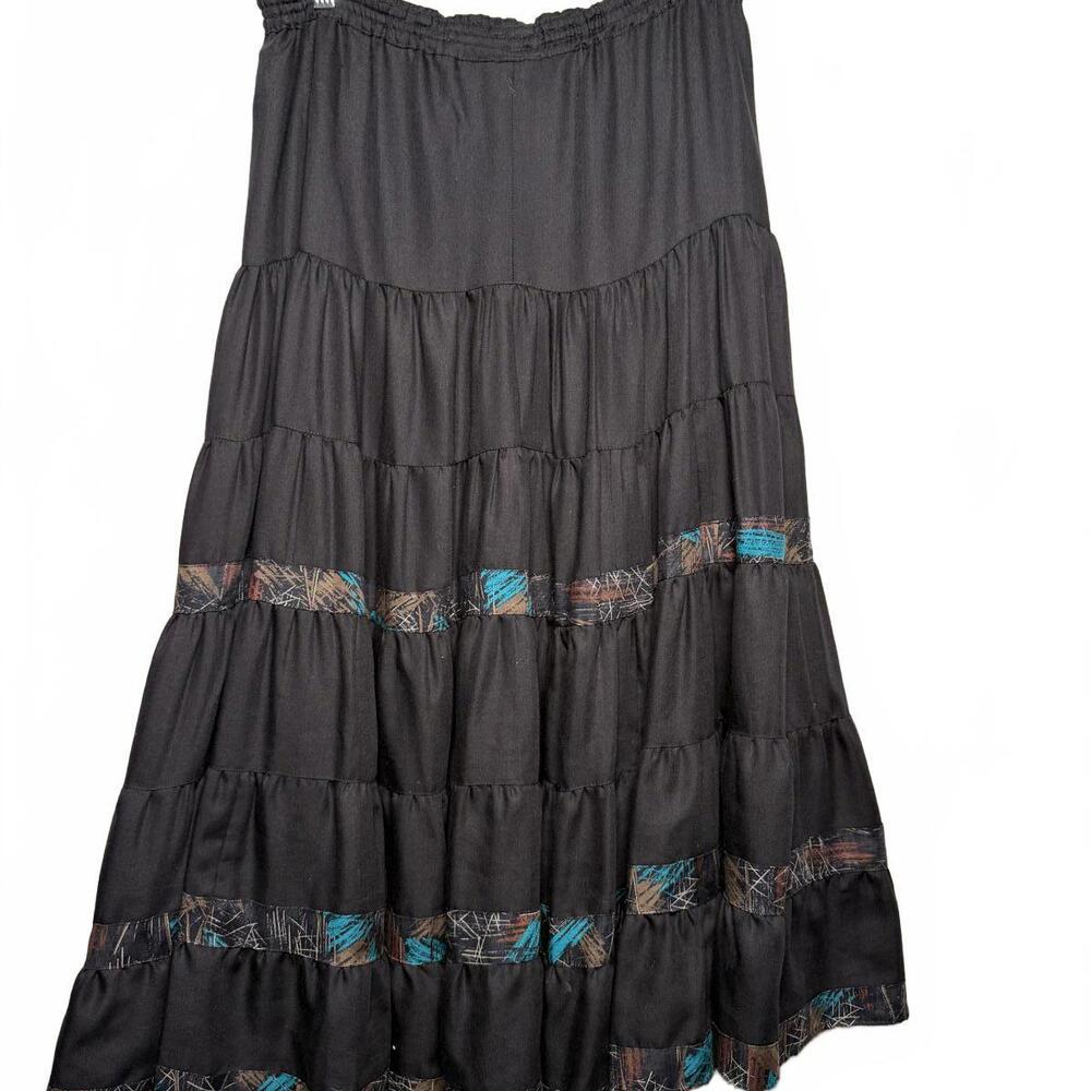 Women Black Bohemian  Tiered Peasant Maxi Skirt
